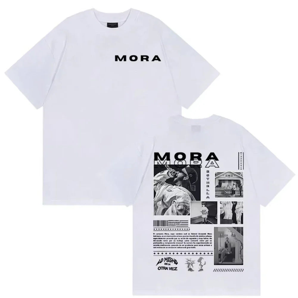 White cotton oversized t shirt with black moba graphic print and spanish text rapper mora album 2026 streetwear