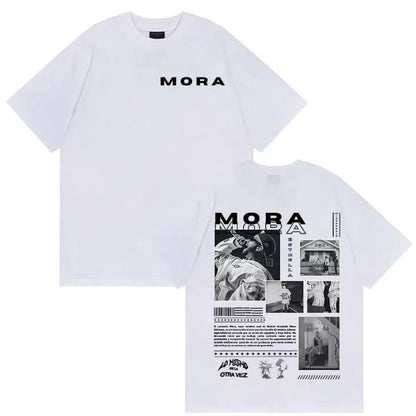 White cotton oversized t shirt with black moba graphic print and spanish text rapper mora album 2026 streetwear