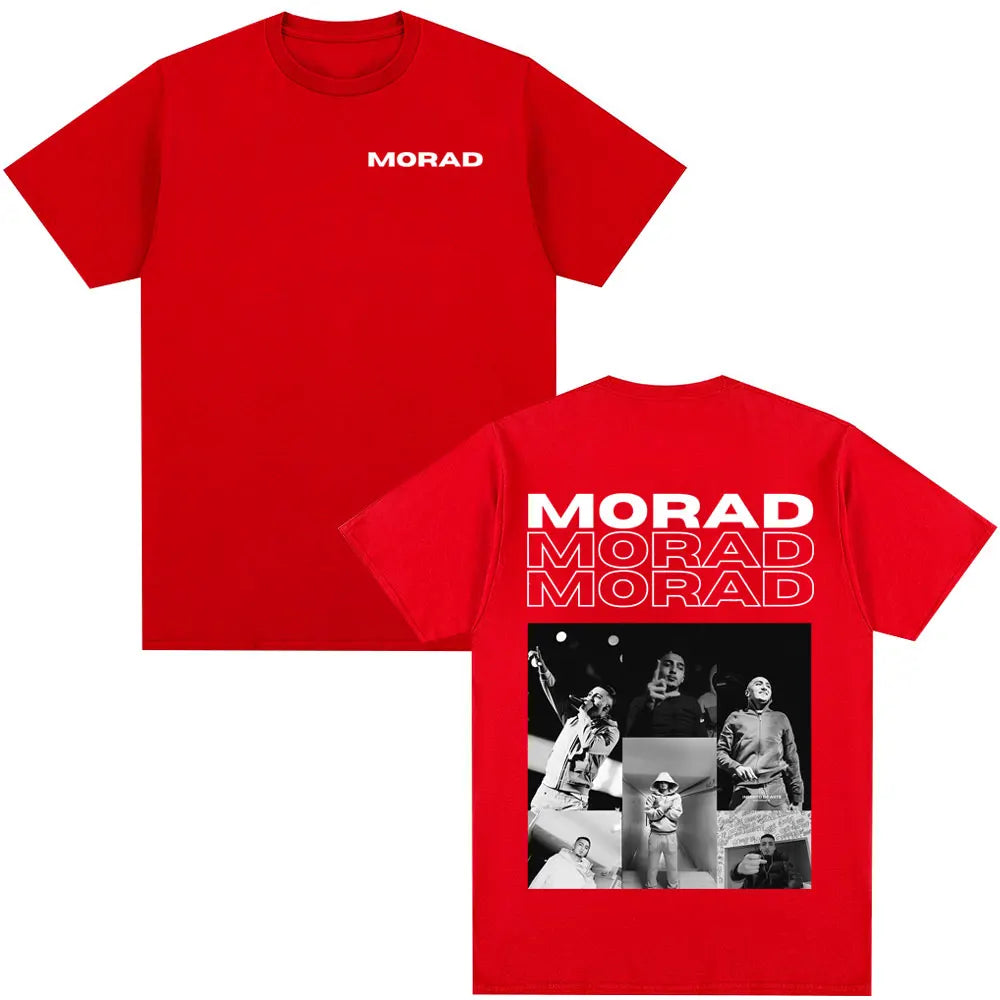 Red short-sleeved t-shirt with black-and-white photo collage on the back and morad print for rapper morad mdlr fans