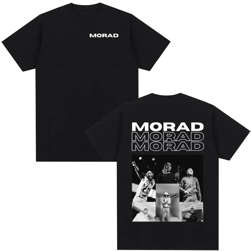 Black short-sleeved t-shirt with bold white morad logo front and black-and-white morad mdlr album collage back for women clothing casual use
