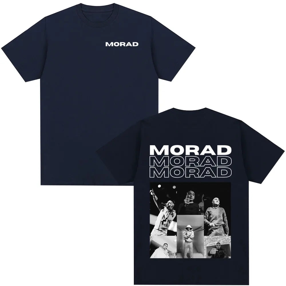 Navy blue short-sleeved t-shirt for men and women featuring white morad mdlr branding and black-and-white collage on back, casual streetwear