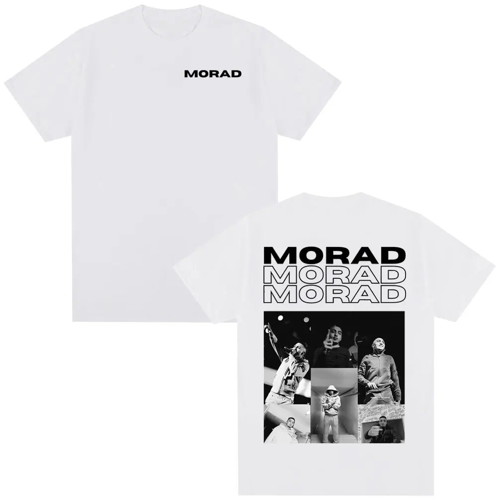White cotton t-shirt with black and white rapper morad mdlr graphic and bold morad print for women clothing casual wear