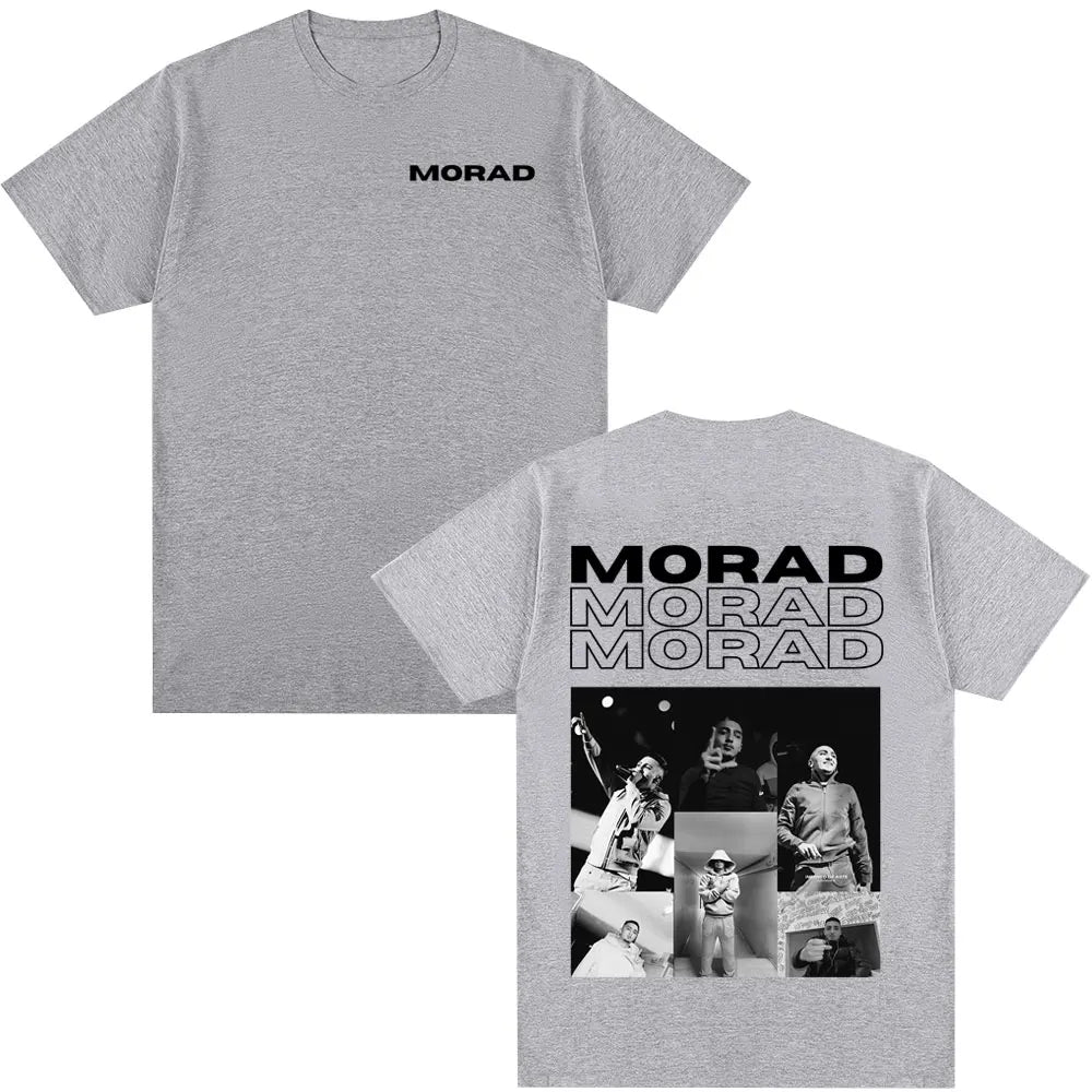 Gray heathered cotton t-shirt with black morad logo front and stacked morad mdlr album photo collage back for women clothing casual