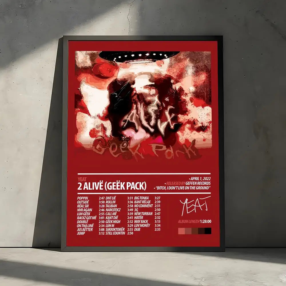 Red framed poster decorative wall art stickers mural photo print featuring yeat 2 alivé geek pack album tracklist on red background