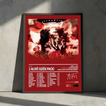 Red framed poster decorative wall art stickers mural photo print featuring yeat 2 alivé geek pack album tracklist on red background