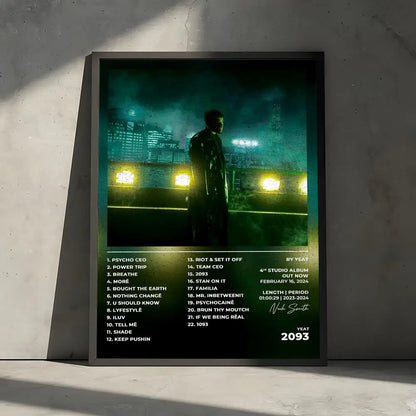 Framed poster decorative wall art stickers mural photo print featuring yeat’s 2093 album tracklist with neon city silhouette
