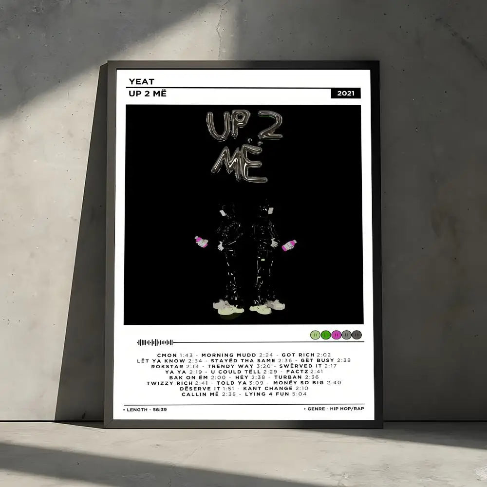 Black-framed poster decorative wall art featuring yeat album up 2 me with figures in shiny black outfits holding pink objects