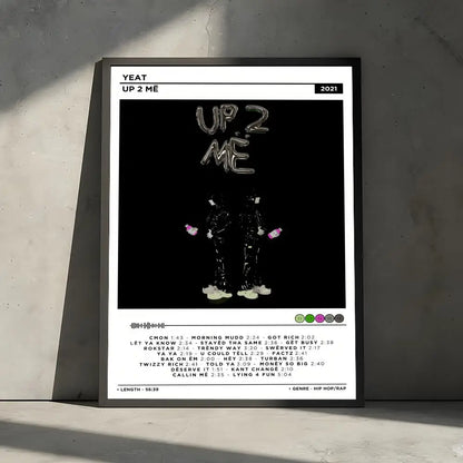 Black-framed poster decorative wall art featuring yeat album up 2 me with figures in shiny black outfits holding pink objects