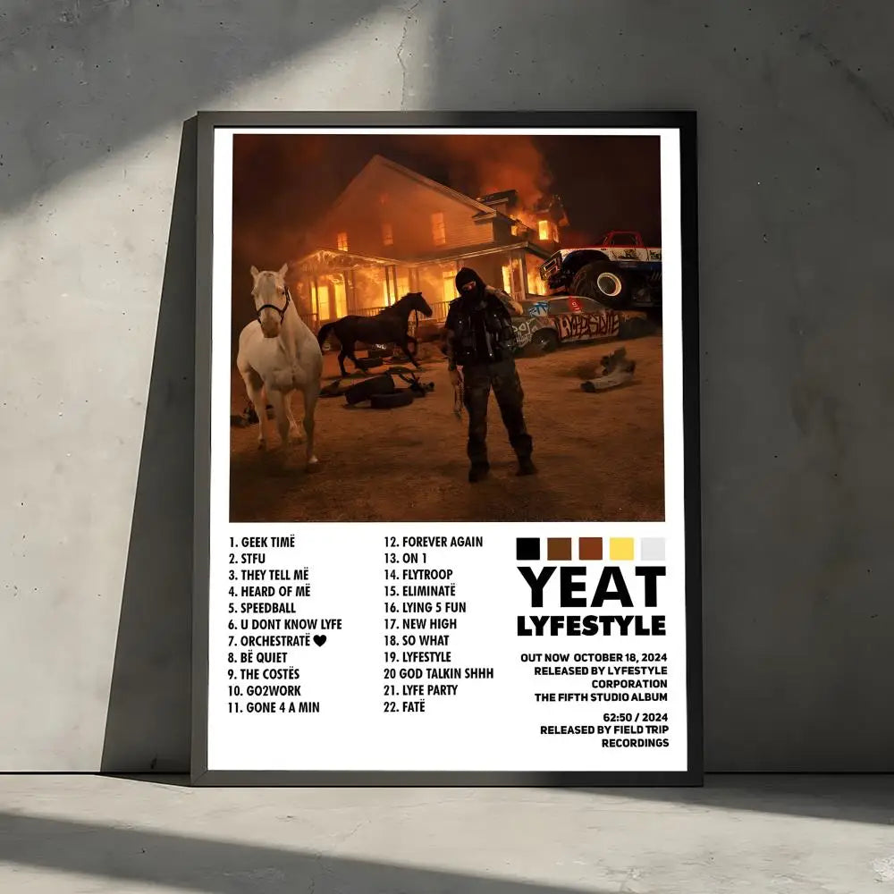 Black-framed poster decorative wall featuring fiery horses and figure from yeat lifestyle mural photo print for home decor