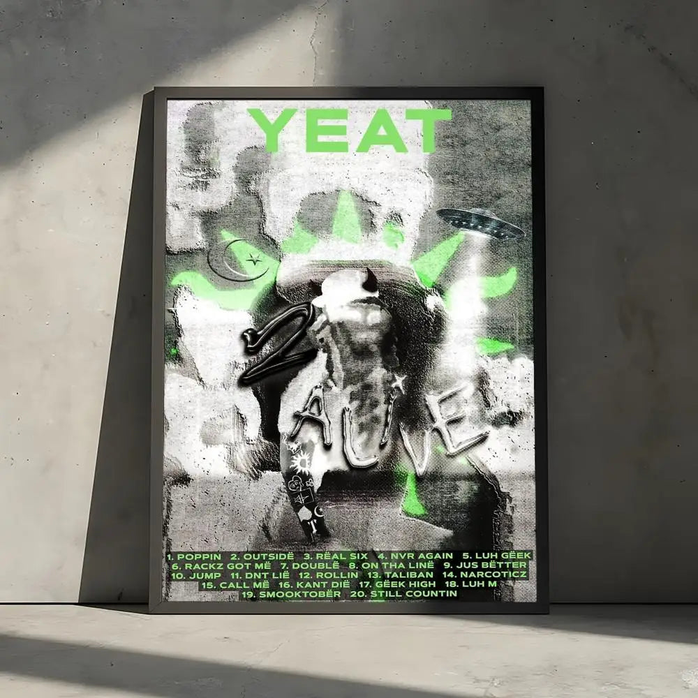 A framed black-and-white yeat poster decorative wall art stickers mural photo print with neon green accents and tracklist