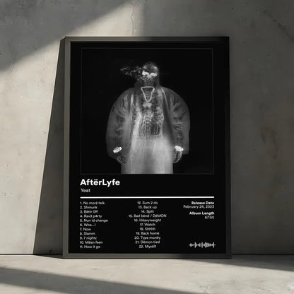 Black-framed poster decorative wall featuring black and white x-ray style image of yeat with aftèrlyfe tracklist mural photo print
