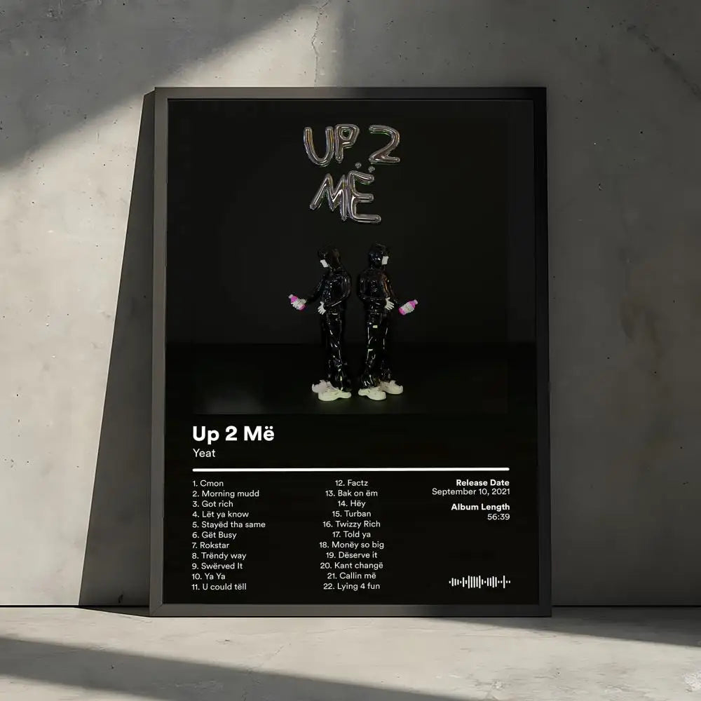 Black framed poster decorative wall featuring yeat album up 2 më with silver foil lettering and art stickers mural print