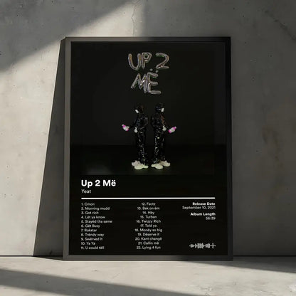 Black framed poster decorative wall featuring yeat album up 2 më with silver foil lettering and art stickers mural print