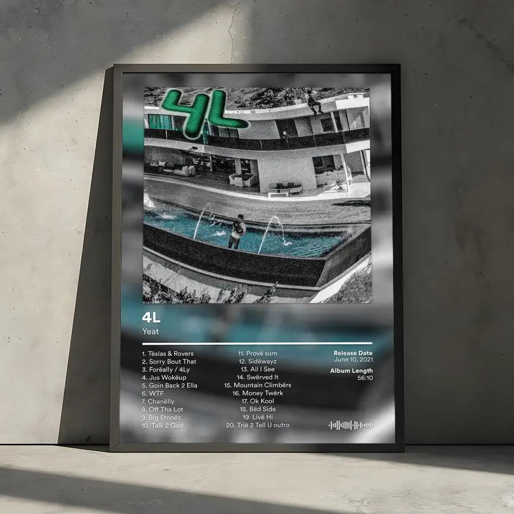 Black-framed rap music poster decorative wall featuring a modern building with pool and green 4l mural photo print