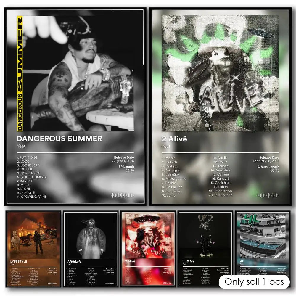 Black and white yeat rapper music poster decorative wall art stickers mural photo print with green graffiti design