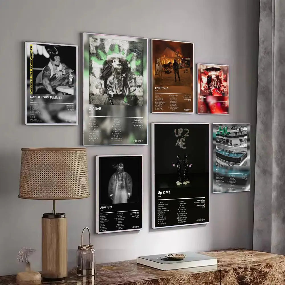 A collection of six framed rapper music pop album poster decorative wall art stickers mural photo prints for home decor