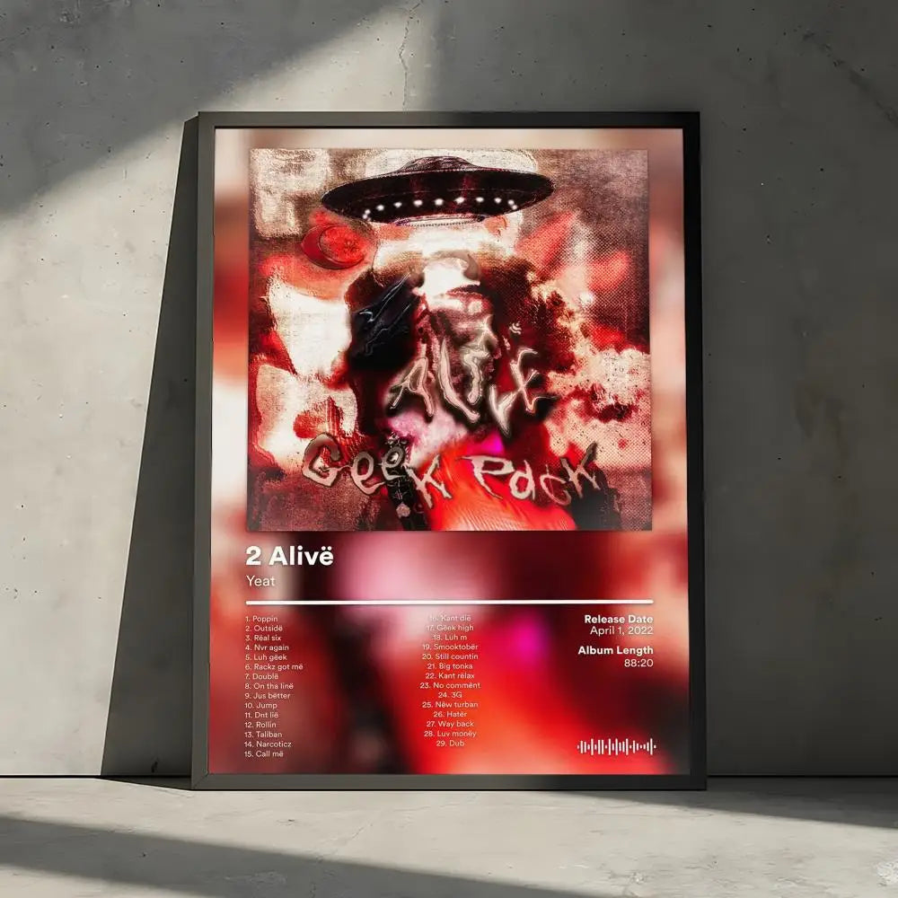 A framed poster decorative wall featuring vibrant red and black surreal alien artwork labeled 2 alivē by yeal mural photo print