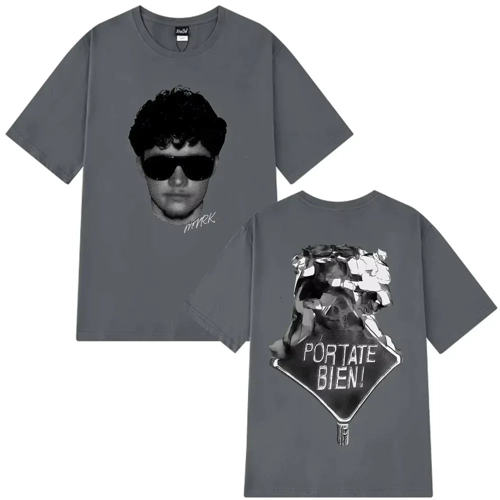 Gray cotton rapper mvrk fashion short-sleeved t-shirt with black-and-white graphic front and vintage gothic punk back design