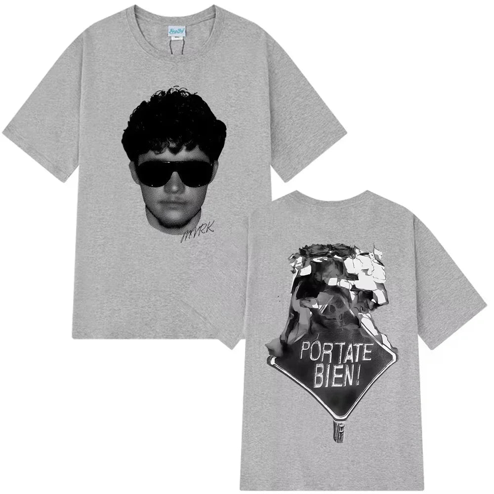 Gray heathered cotton rapper mvrk fashion t-shirt with black and white portrait and vintage gothic punk graphic design