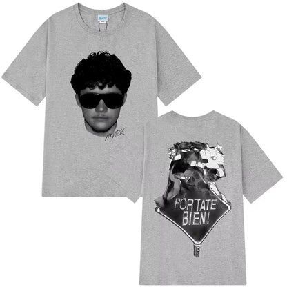 Gray heathered cotton rapper mvrk fashion t-shirt with black and white portrait and vintage gothic punk graphic design