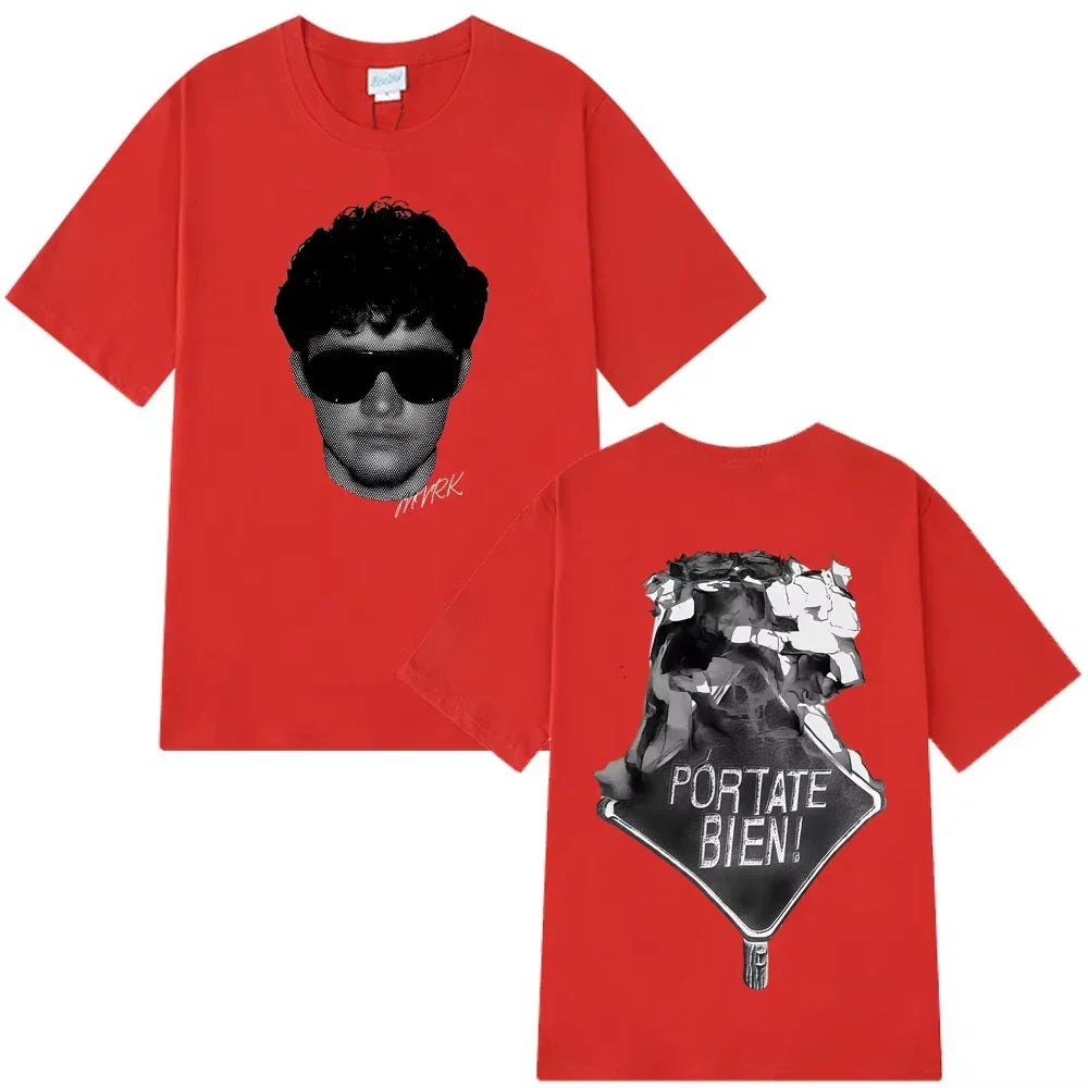 Red cotton rapper mvrk fashion t-shirt with black and white sunglasses graphic front and vintage gothic punk text back