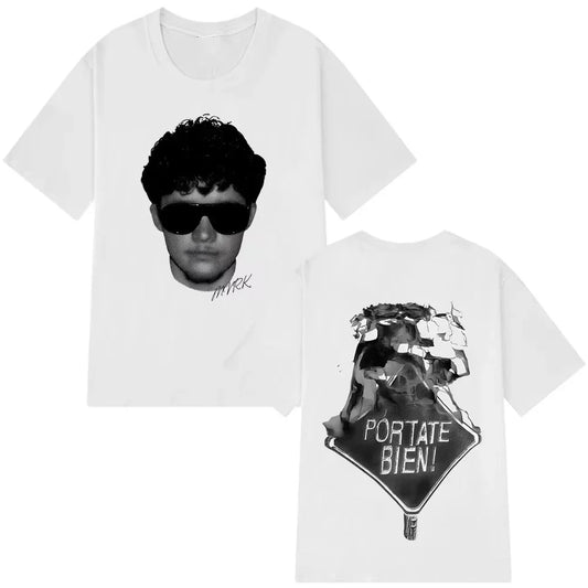 White cotton rapper mvrk fashion t-shirt featuring black and white man graphic front and vintage gothic punk back design