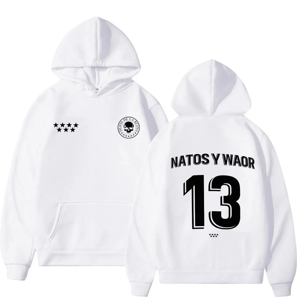 White hoodie with black skull emblem five stars natos waor text and number 13 on the back gothic punk tracksuit streetwear