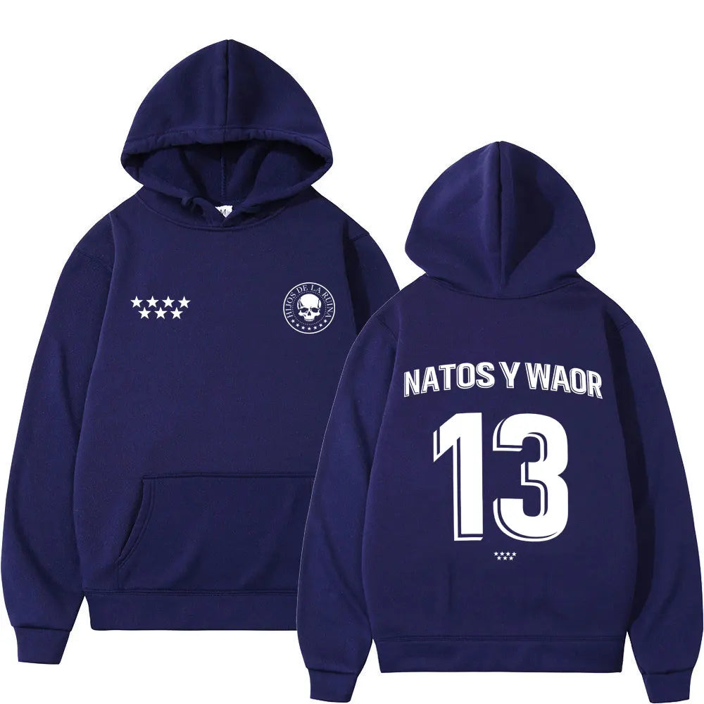 Navy blue rapper natos waor hoodie back with white skull graphic emblem stars text and number 13 for gothic punk tracksuit streetwear