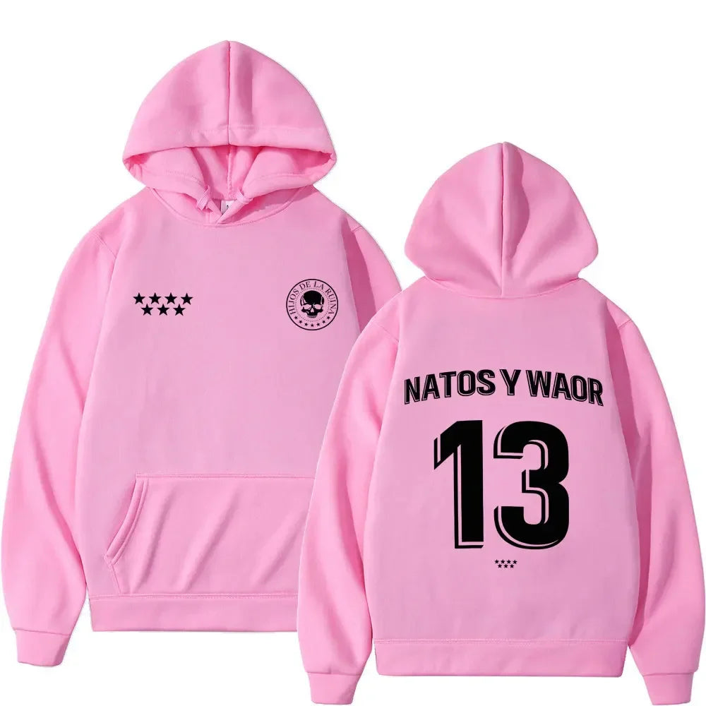 Pink hoodie with black graphic print of rapper natos waor 13 on back featuring skull logo gothic punk tracksuit streetwear