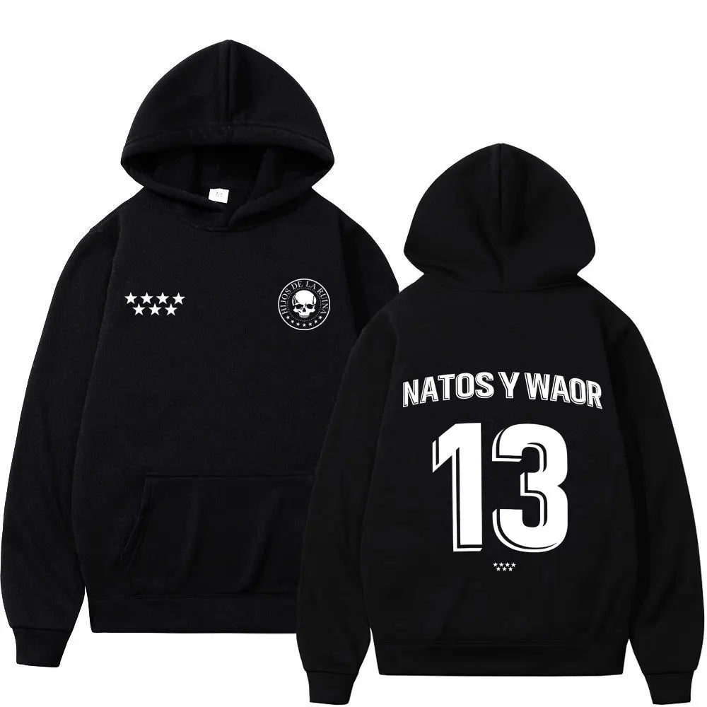 Black hoodie with white skull emblem and natos waor 13 text designed for loose casual gothic punk tracksuit streetwear