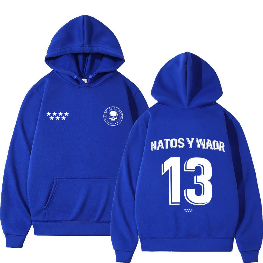 Royal blue rapper natos waor hoodie with skull emblem front and bold white lettering back loose casual gothic punk tracksuit streetwear