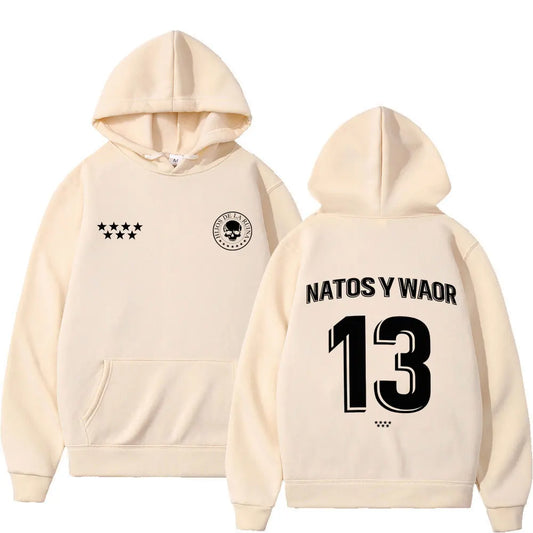 Cream-colored rapper natos waor hoodie with black skull graphic five stars and number 13 loose casual gothic punk tracksuit streetwear