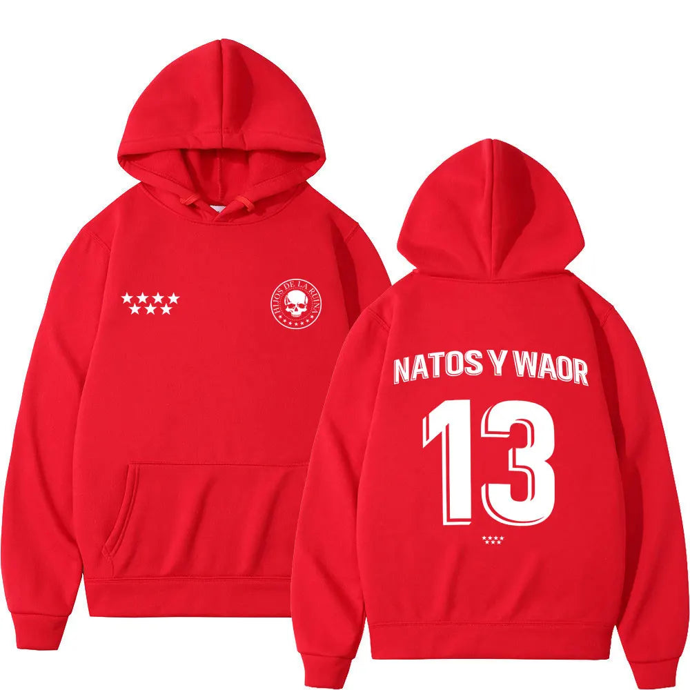Red hoodie sweatshirt back side with skull emblem and natos waor 13 text in loose casual gothic punk tracksuit streetwear style