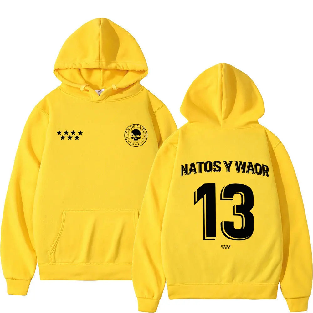 Bright yellow rapper natos waor hoodie with black graphic prints loose casual gothic punk tracksuit streetwear design