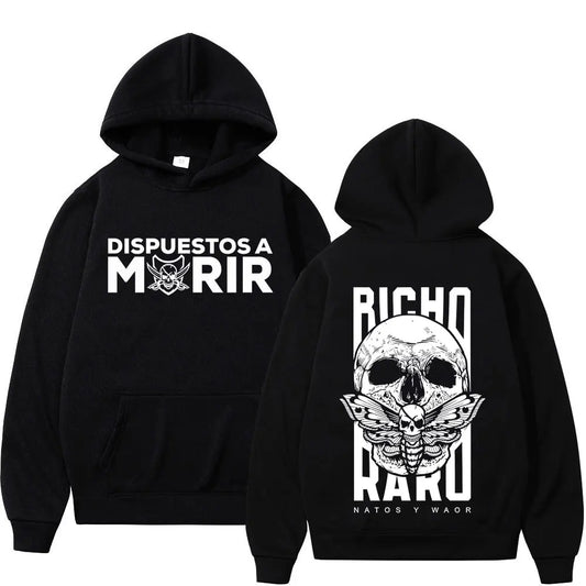 Black hoodie rapper natos waor raro negra skeleton with bold white skull wings graphic harajuku hoodie winter sweatshirt