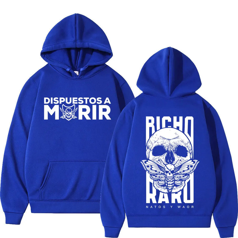 Royal blue rapper natos waor harajuku hoodie winter with bold white skull and moth graphic prints and spanish text