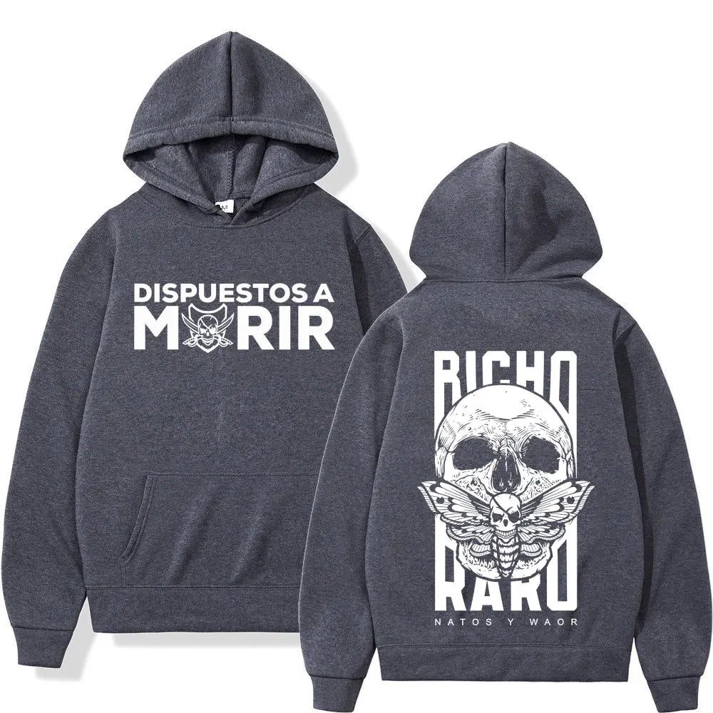 Dark gray rapper natos waor hoodie with bold white skeleton and wing graphics, harajuku hoodie winter for man and woman