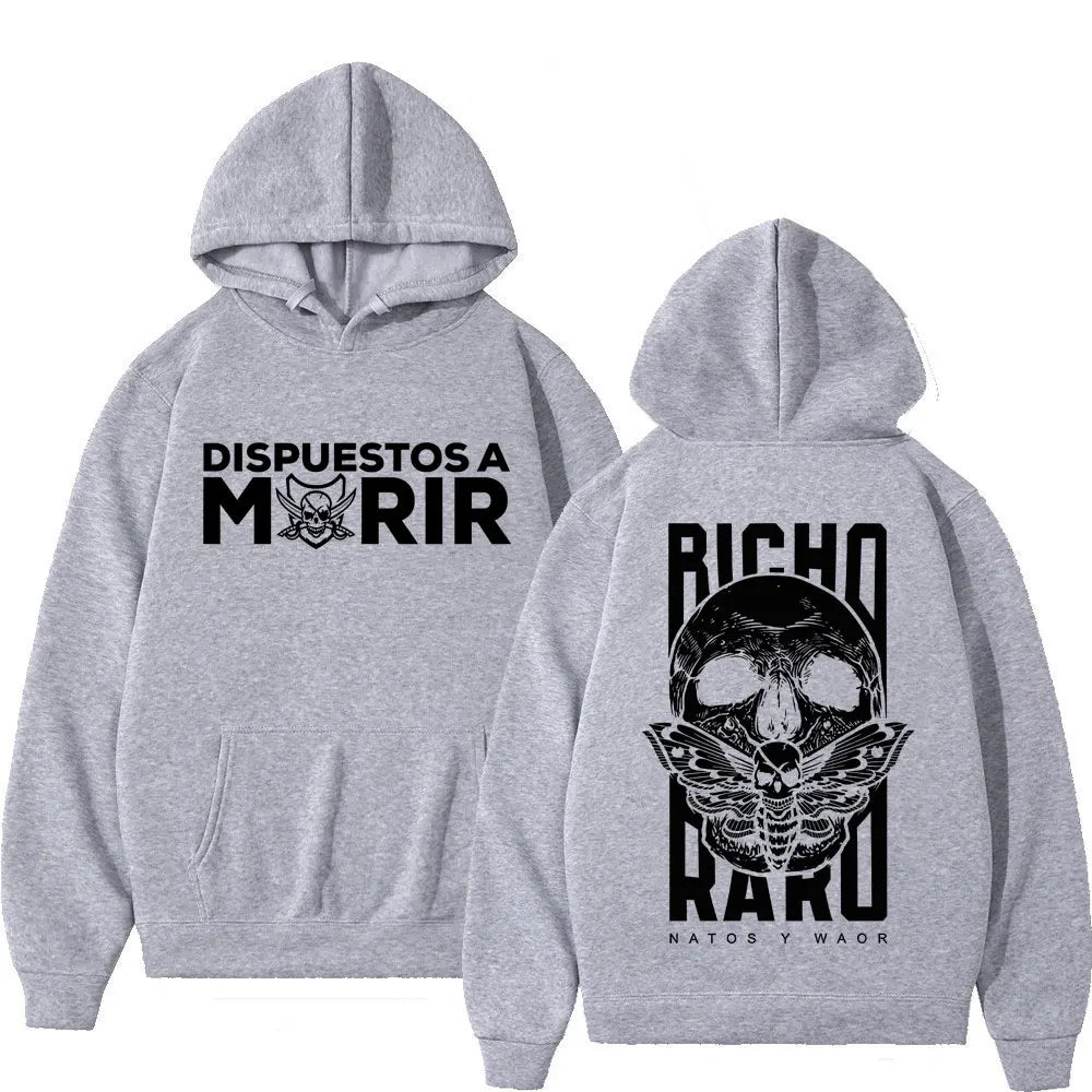Gray harajuku hoodie winter featuring bold black graphic skull with wings and spanish text rapper natos waor design