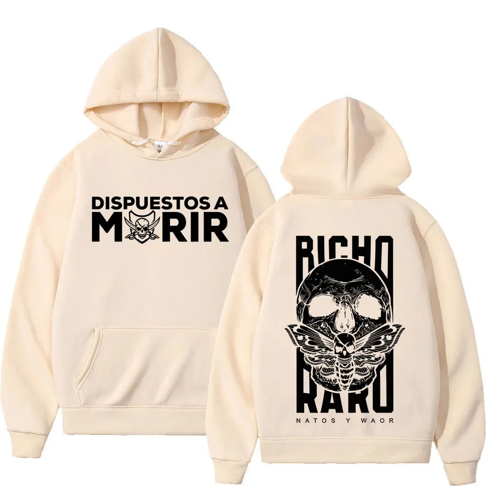 Cream-colored rapper natos waor harajuku hoodie winter featuring raro negra skeleton skull with wings graphic print