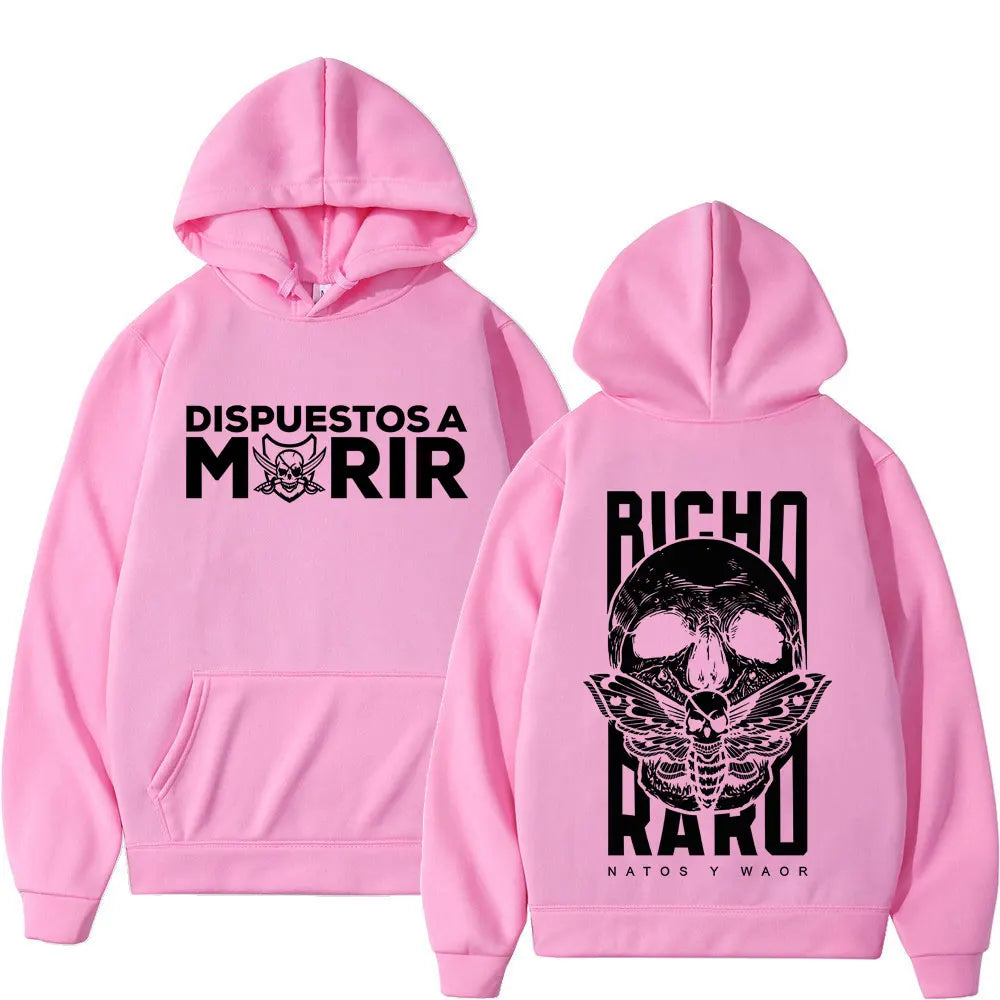 Pink rapper natos waor harajuku hoodie winter with bold black raro negra skeleton winged skull prints front and back