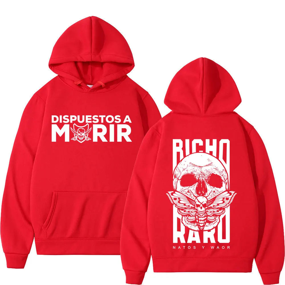 Red hooded sweatshirt with raro negra skeleton white skull and moth graphic print rapper natos waor harajuku hoodie winter