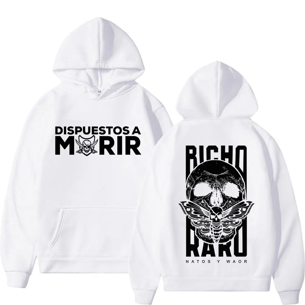 White harajuku hoodie winter featuring bold black raro negra skeleton skull with wings graphic for rapper natos waor fans