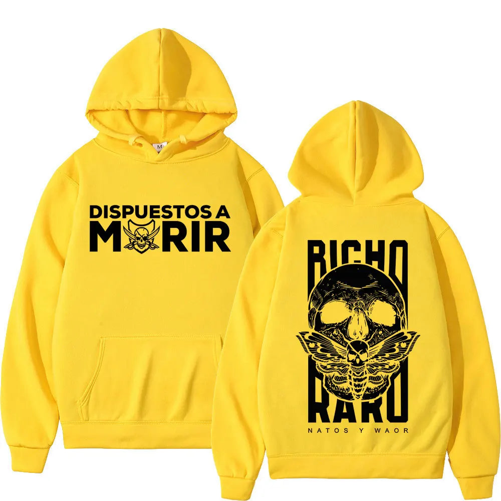 Bright yellow rapper natos waor harajuku hoodie winter with bold black skeleton graphic prints on front and back sides