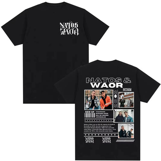 Black 100% cotton t-shirt with white natos y waor graphic print and band photos men’s and women’s streetwear shirt