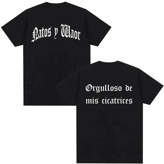 Black short-sleeved 100% cotton t-shirt with white gothic lettering on the back for summer hip hop streetwear
