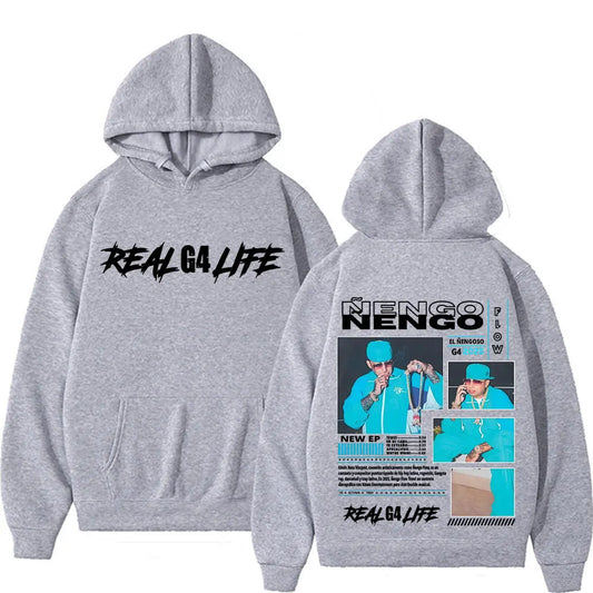 Gray hooded sweatshirt with rapper nengo flow turquoise and black design on back for life album tour autumn unisex fashion