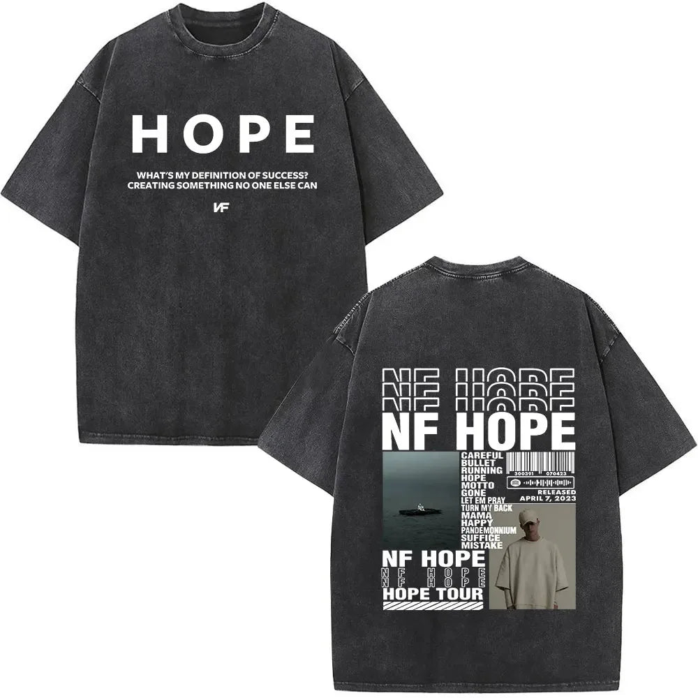Black distressed cotton t-shirt with white rapper nf album hope print retro washed for women streetwear harajuku style