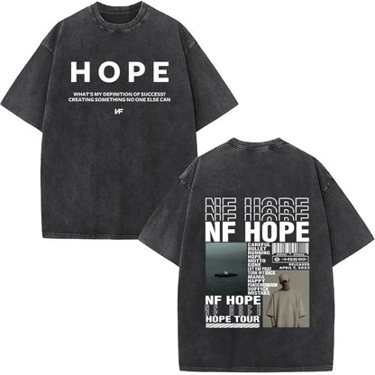 Black distressed cotton t-shirt with white rapper nf album hope print retro washed for women streetwear harajuku style