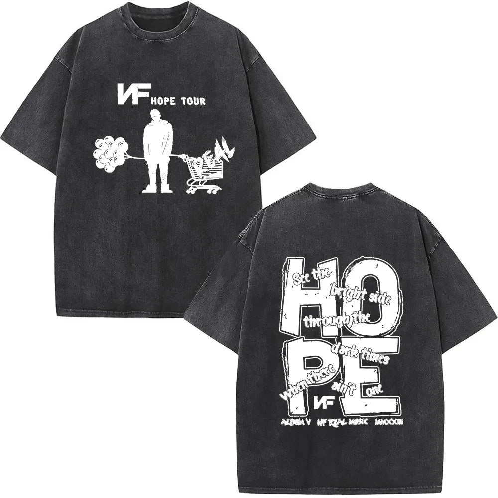 Black oversized t-shirt with rapper nf album print retro washed cotton for women streetwear harajuku summer tee