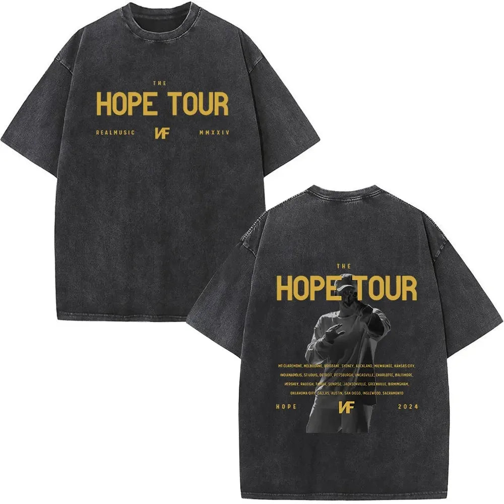 Black oversized cotton t-shirt with faded gold the hope tour text and rapper nf album print retro washed back design for women streetwear harajuku
